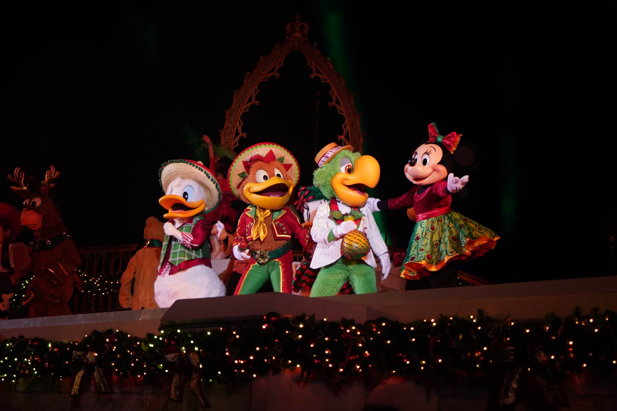 The Three Caballeros in Mickey's Merriest Christmas Celebration Castle Show in Disney World