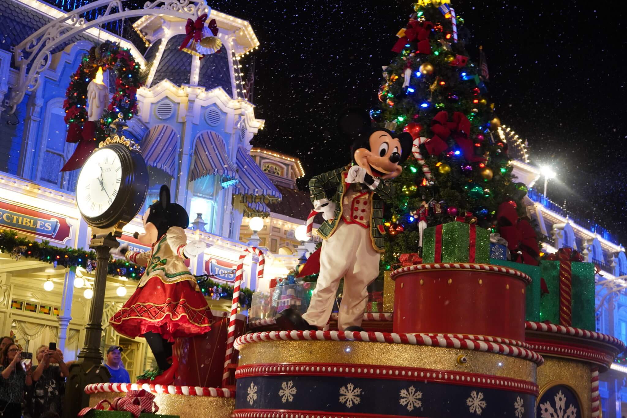 Mickey and Minnie Snow and Christmas Tree and Mickey Wreath on Main Street USA in Disney World