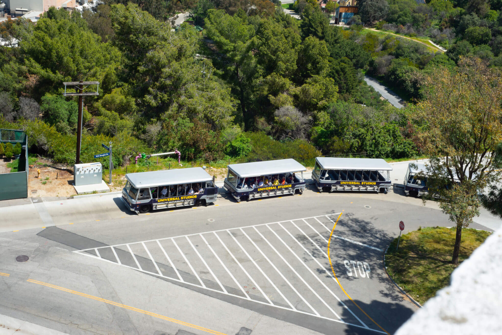 The world-famous Tram Tour in Universal Studios Hollywood in the parking lot.