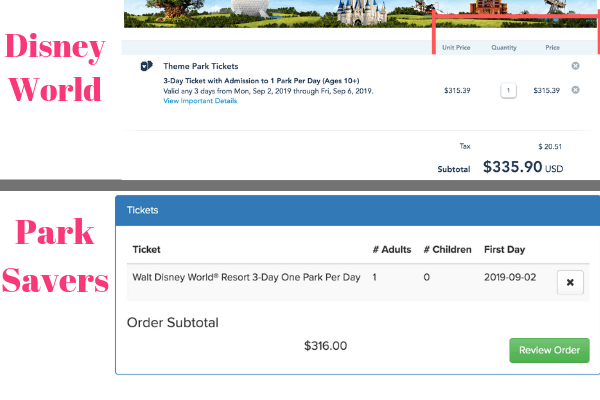 Discount Ticket Comparison: Park Savers vs. Official Disney World Website 