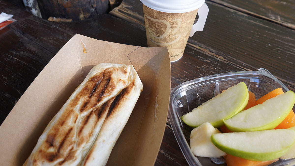Breakfast burrito and coffee from Kusafiri Coffee and Bakery at Animal Kingdom
